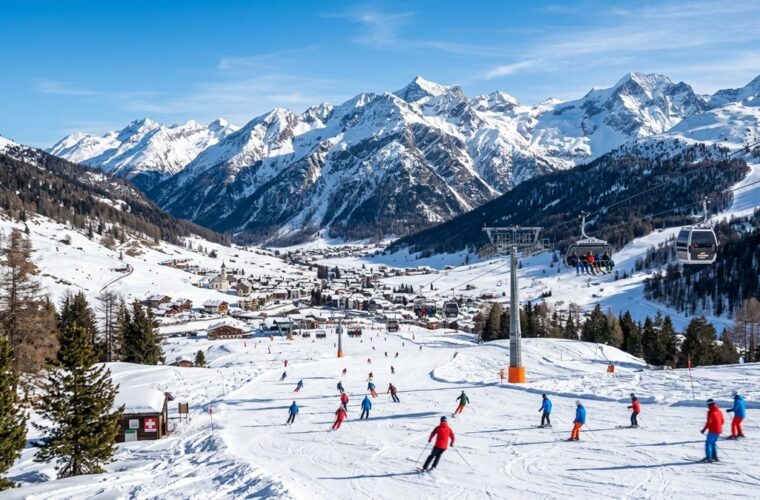Comprensorio sciistico sulle Alpi lombarde con sciatori su piste innevate e impianti di risalita