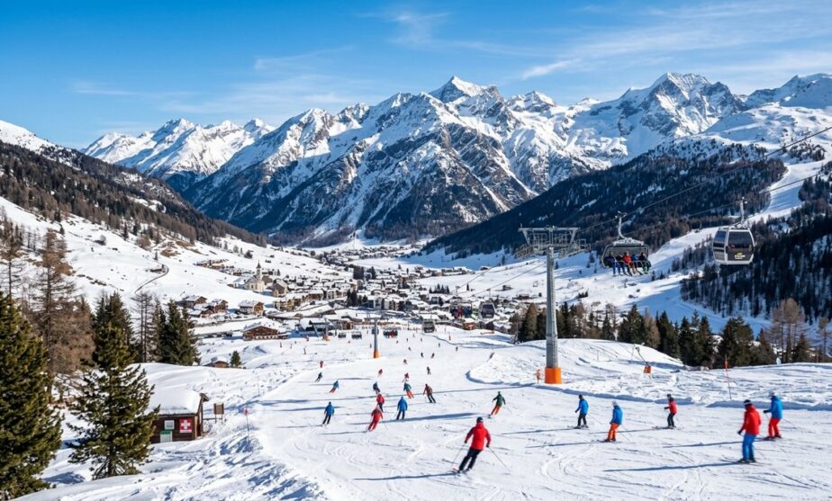 Comprensorio sciistico sulle Alpi lombarde con sciatori su piste innevate e impianti di risalita