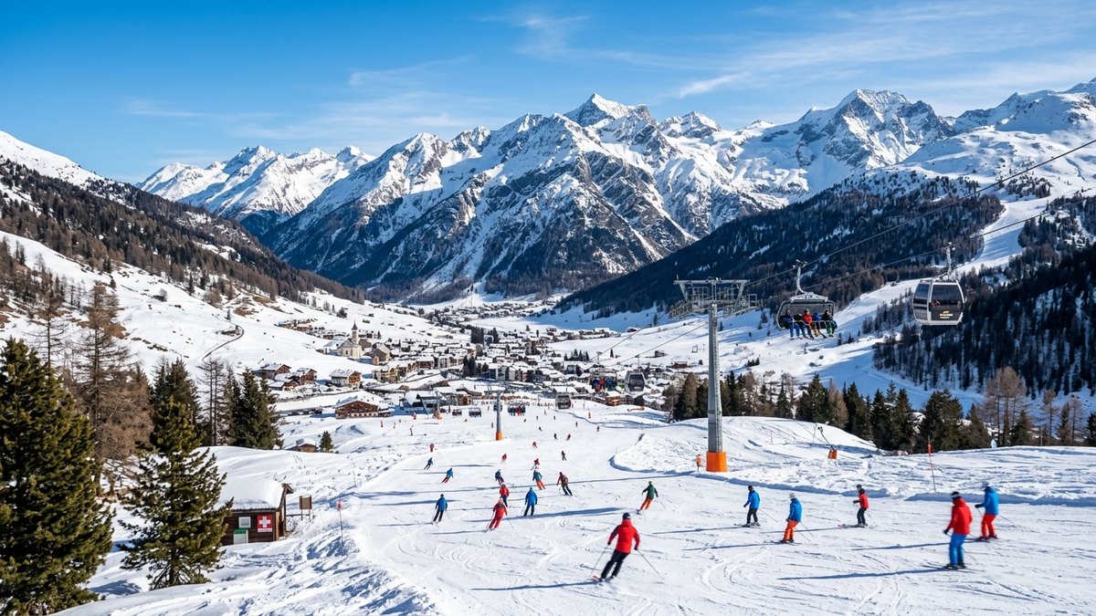 Comprensorio sciistico sulle Alpi lombarde con sciatori su piste innevate e impianti di risalita