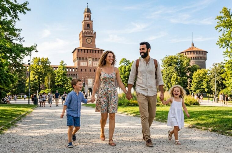 Famiglia con bambini a Parco Sempione davanti al Castello Sforzesco a Milano