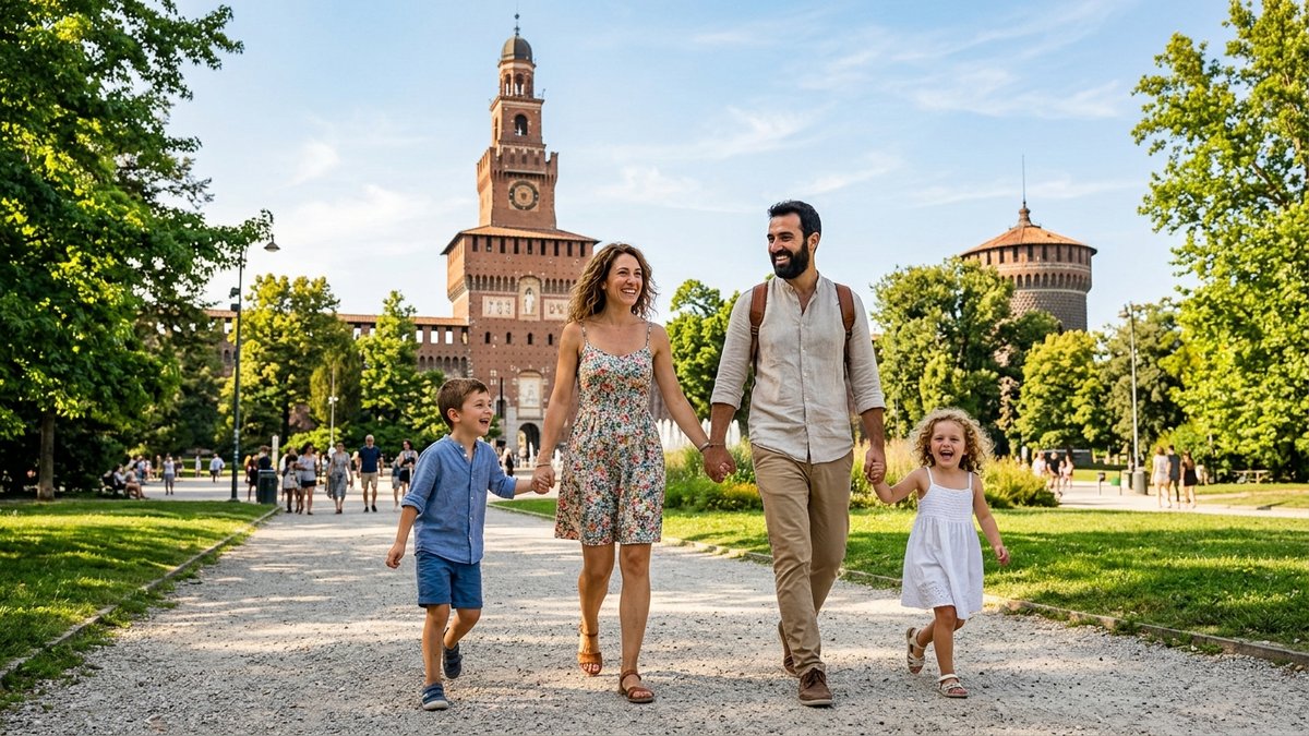 Famiglia con bambini a Parco Sempione davanti al Castello Sforzesco a Milano