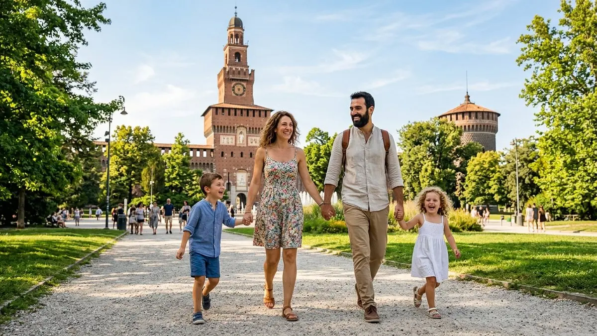 Famiglia con bambini a Parco Sempione davanti al Castello Sforzesco a Milano