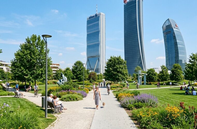 Parco di CityLife Milano con sculture all'aperto ArtLine e le Tre Torri sullo sfondo