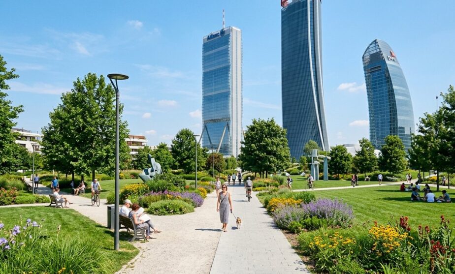 Parco di CityLife Milano con sculture all'aperto ArtLine e le Tre Torri sullo sfondo