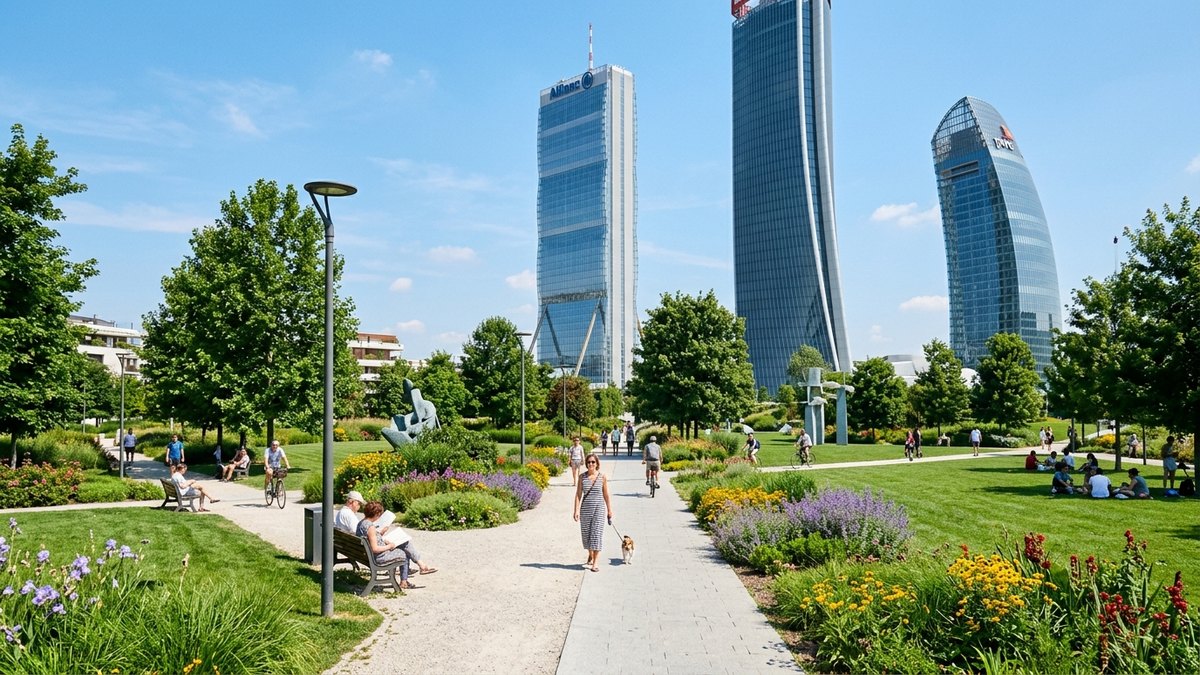 Parco di CityLife Milano con sculture all'aperto ArtLine e le Tre Torri sullo sfondo