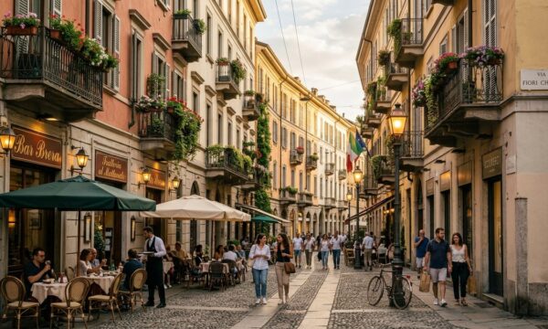 Scorcio caratteristico di Via Fiori Chiari nel quartiere Brera a Milano tra vicoli storici e tavolini all'aperto