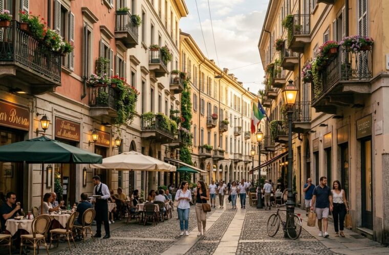 Scorcio caratteristico di Via Fiori Chiari nel quartiere Brera a Milano tra vicoli storici e tavolini all'aperto