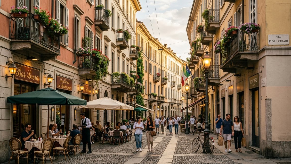 Scorcio caratteristico di Via Fiori Chiari nel quartiere Brera a Milano tra vicoli storici e tavolini all'aperto